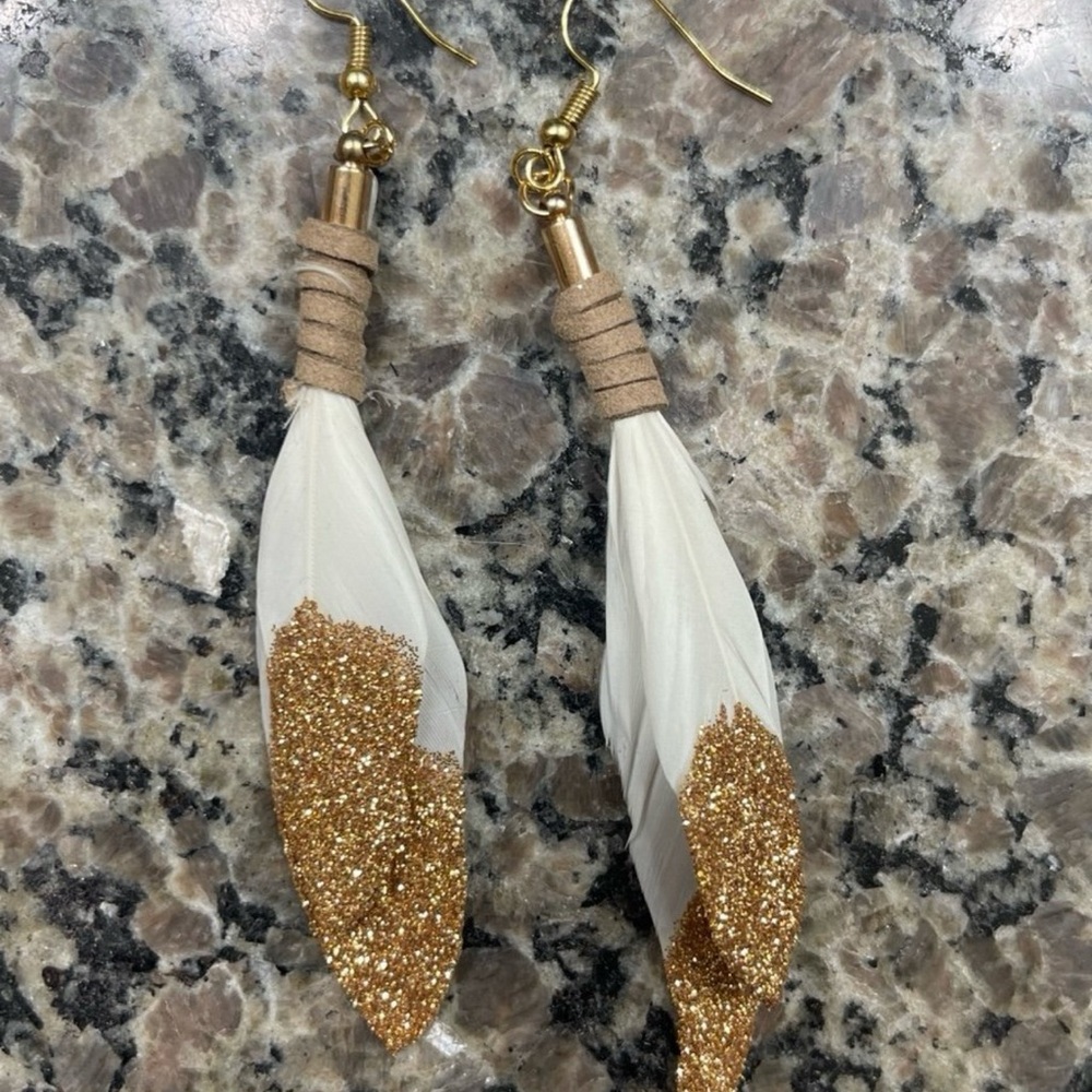 Elegant Gold and White Feather Earrings